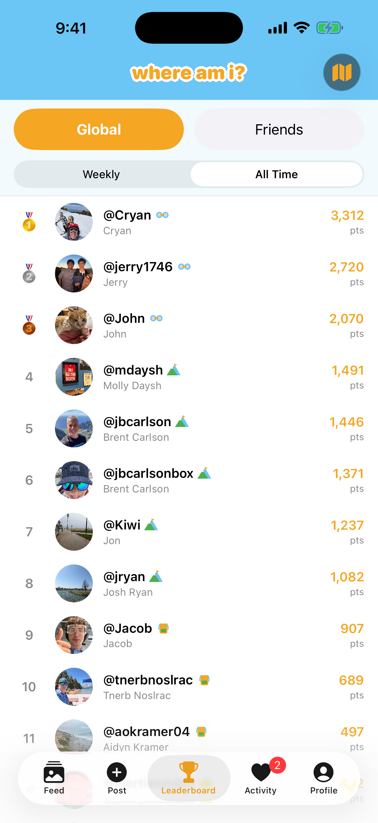 Global all-time leaderboard with achievement badges